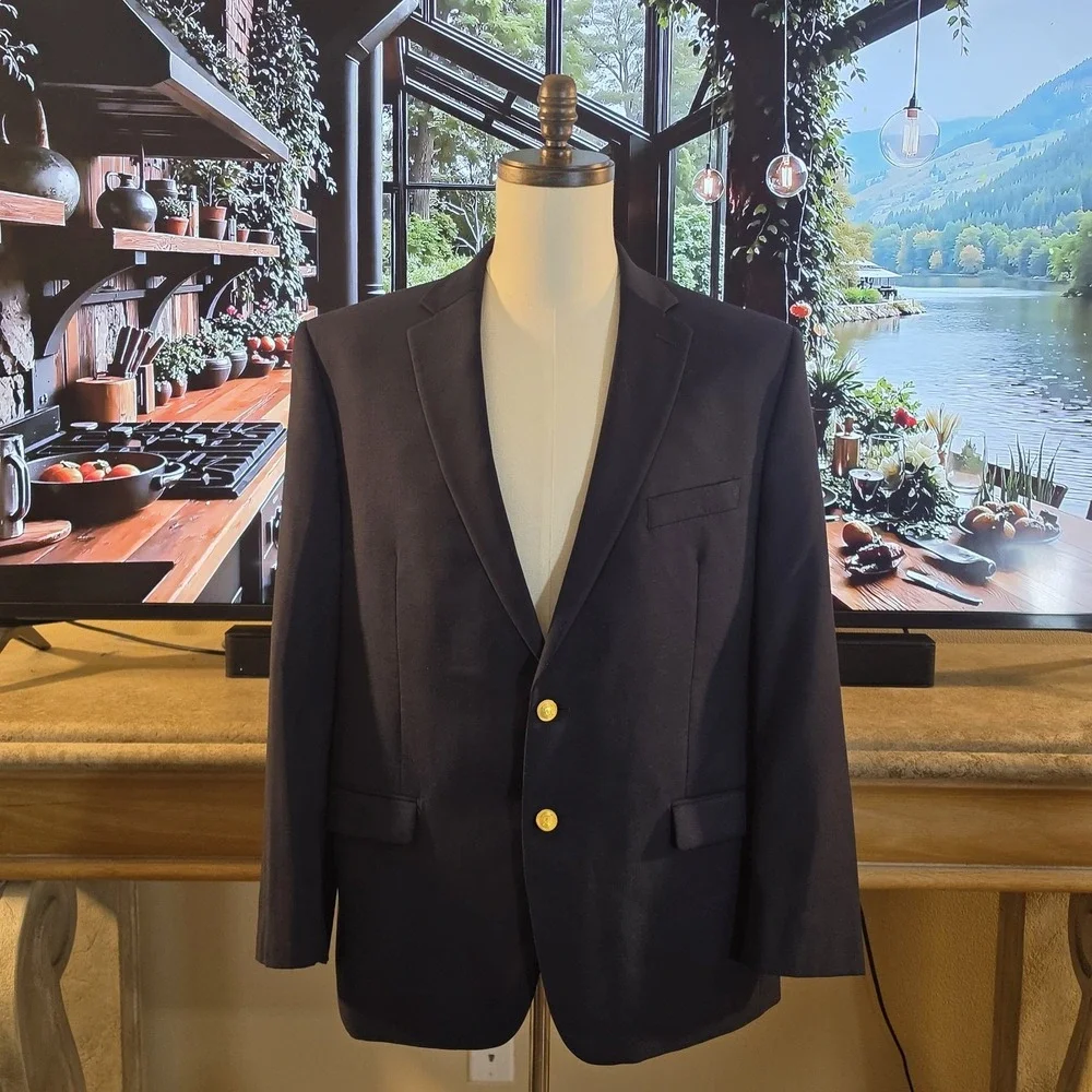 RALPH LAUREN 44R Gold Buttons 100% Wool Dark Navy Blue Sport Coat Jacket Blazer